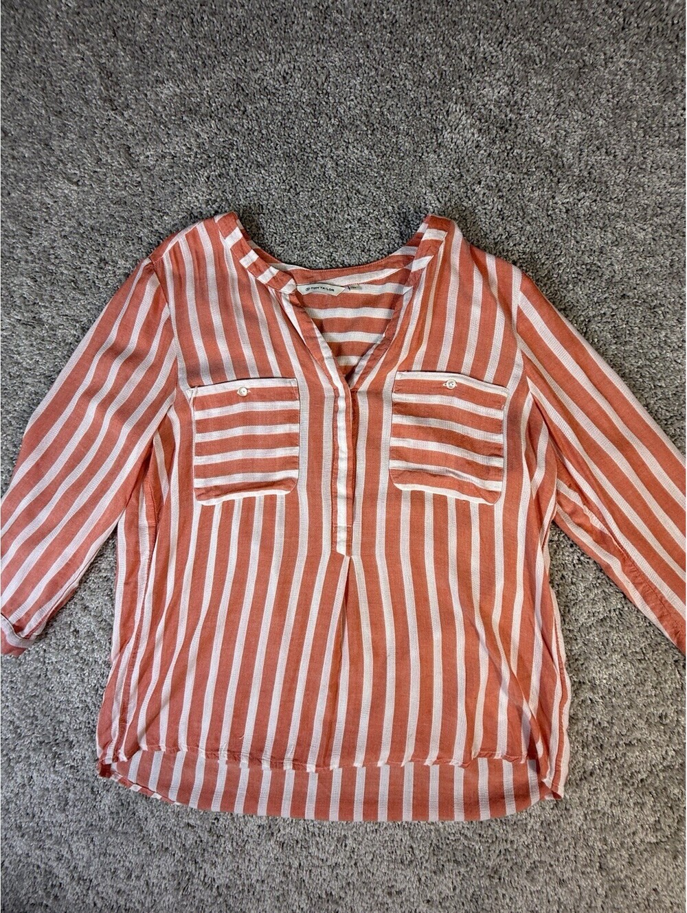 Tom Tailor Top Blouse Women Small Coral White Stripped Round Neck Sleeves